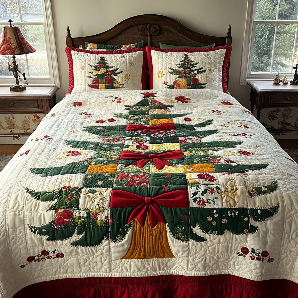 Whispering Pines quilted 3-piece bedding set on a made bed with two matching pillow shams