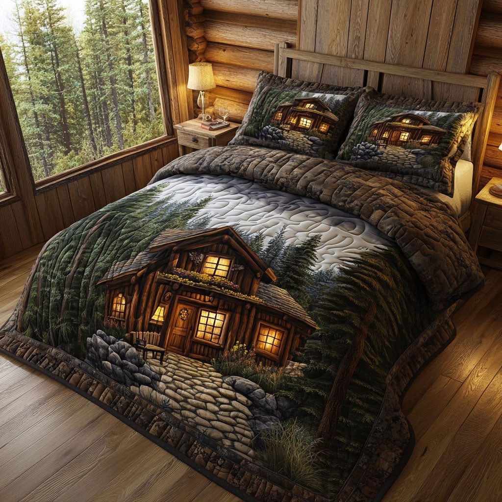Whispering Pines quilted 3-piece bedding set on a made bed with two matching pillow shams