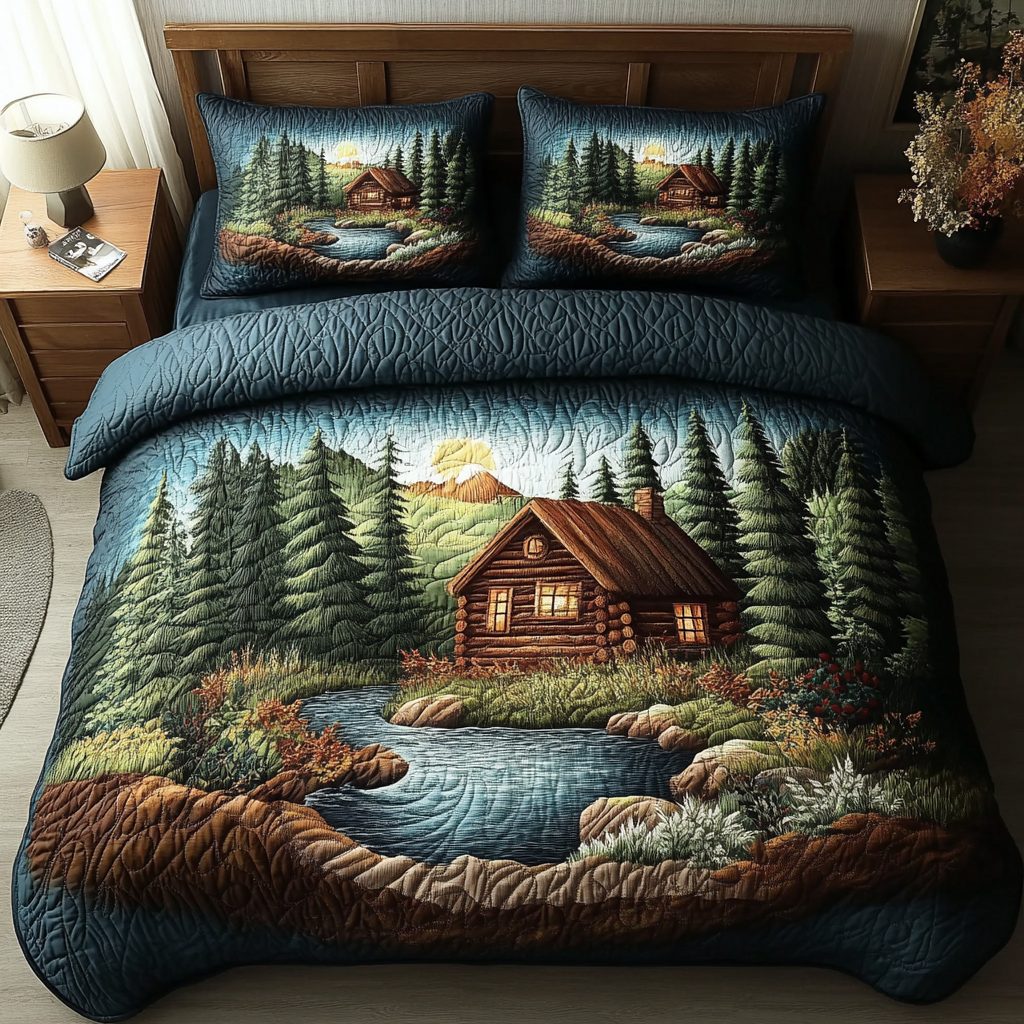 Whispering Pines quilted 3-piece bedding set on a made bed with two matching pillow shams