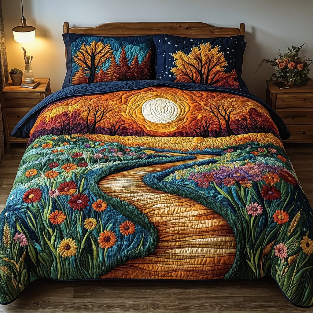 Whispering Pines quilted 3-piece bedding set on a made bed with two matching pillow shams