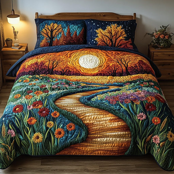 Whispering Pines quilted 3-piece bedding set on a made bed with two matching pillow shams