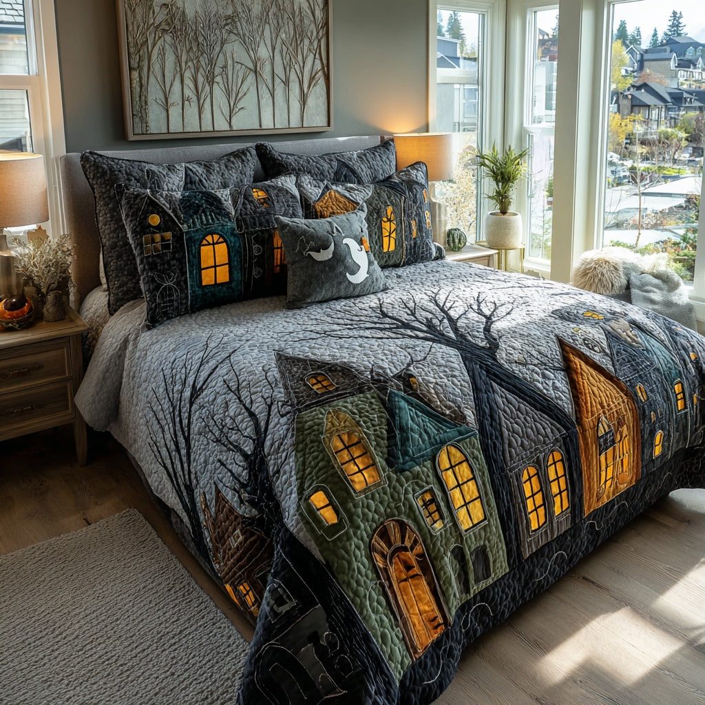 Whispering Pumpkin Houses quilted 3-piece bedding set on a made bed against a dark styled interior