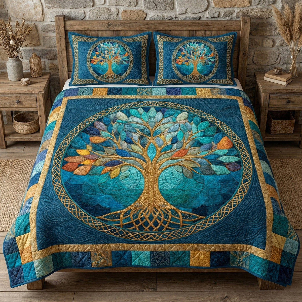 Whispering Roots quilted 3-piece bedding set on a made bed with two matching pillow shams