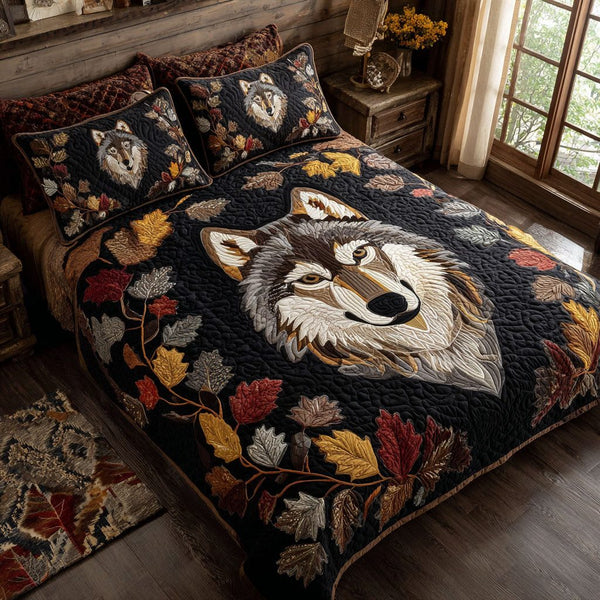 Whispering Spirit Wolf quilted 3-piece bedding set on a made bed with two matching pillow shams