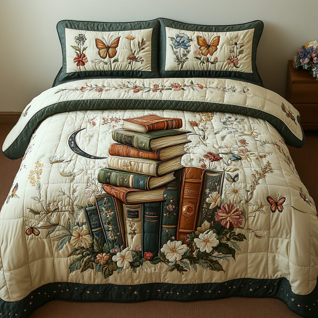Whispering Stories quilted 3-piece bedding set on a made bed with two matching pillow shams