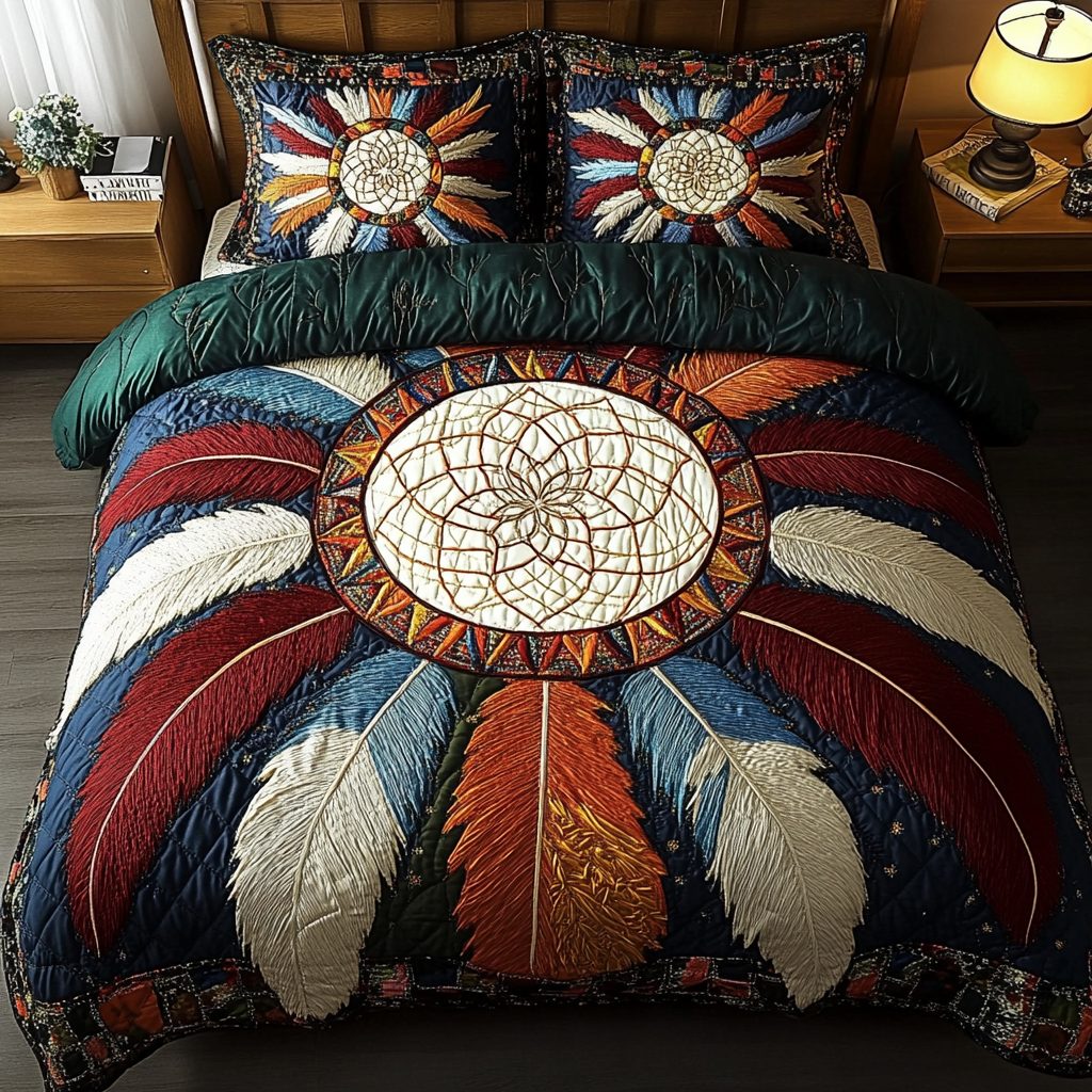 Whispering Threads quilted 3-piece bedding set on a made bed with two matching pillow shams