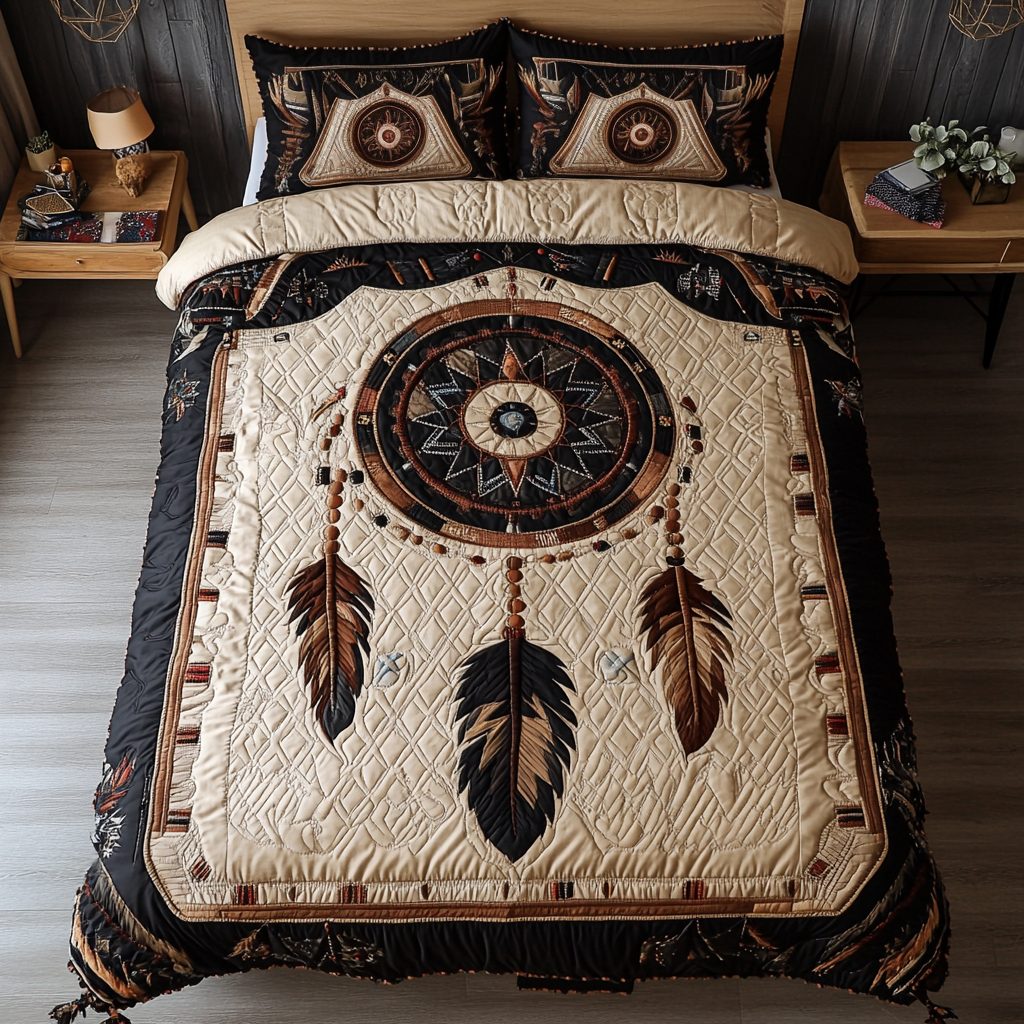 Whispering Threads quilted 3-piece bedding set on a made bed with two matching pillow shams