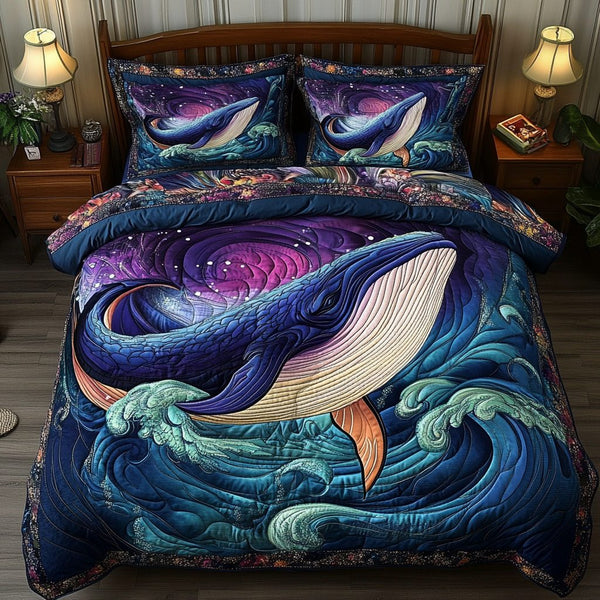 Whispering Tide quilted 3-piece bedding set on a made bed in a light coastal bedroom