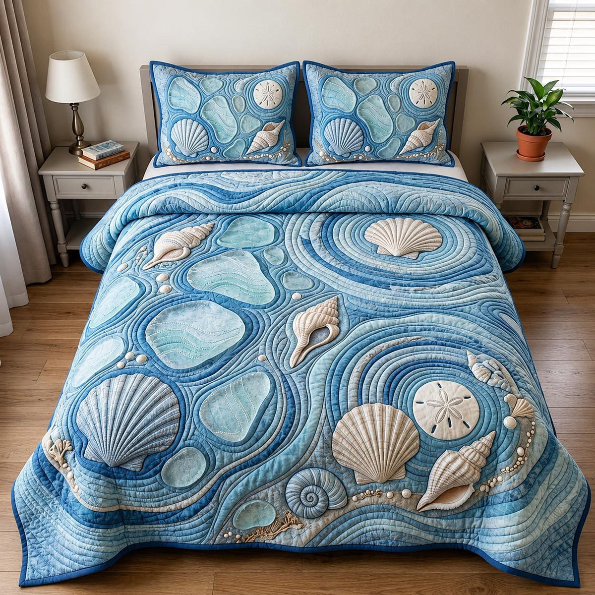 Whispering Tides quilted 3-piece bedding set on a made bed with two matching pillow shams