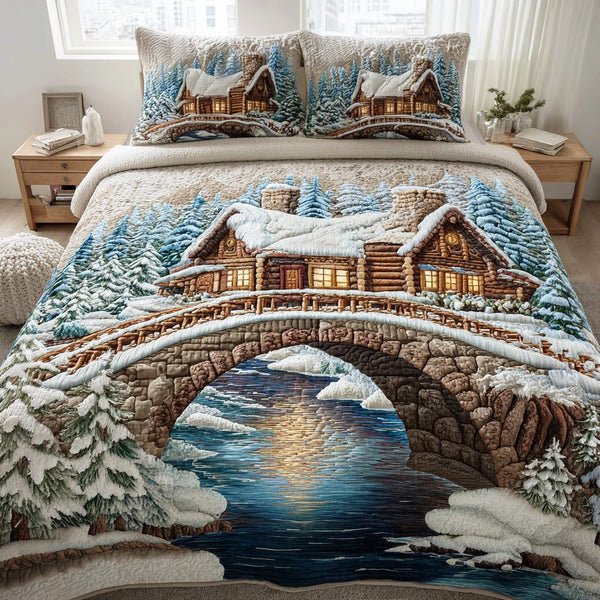 Whispering Timber Forest quilted 3-piece bedding set on a made bed with two matching pillow shams