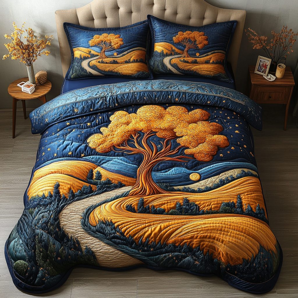 Whispering Trees quilted 3-piece bedding set on a made bed with two matching pillow shams