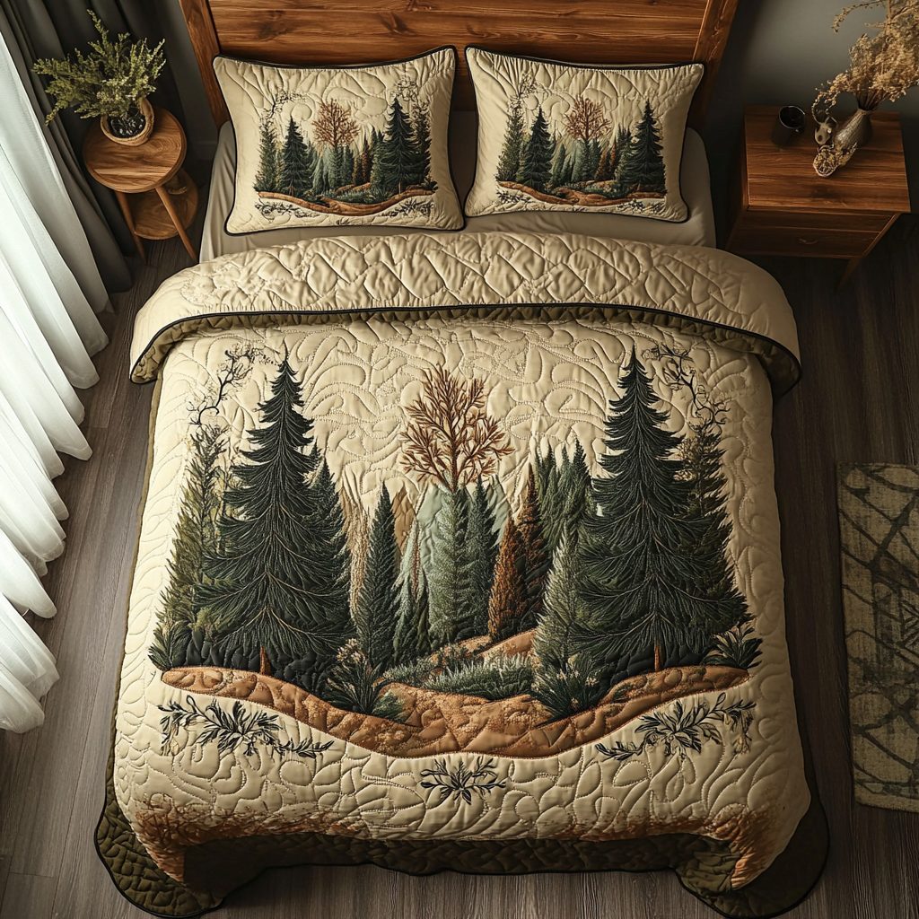 Whispering Trees quilted 3-piece bedding set on a made bed with two matching pillow shams