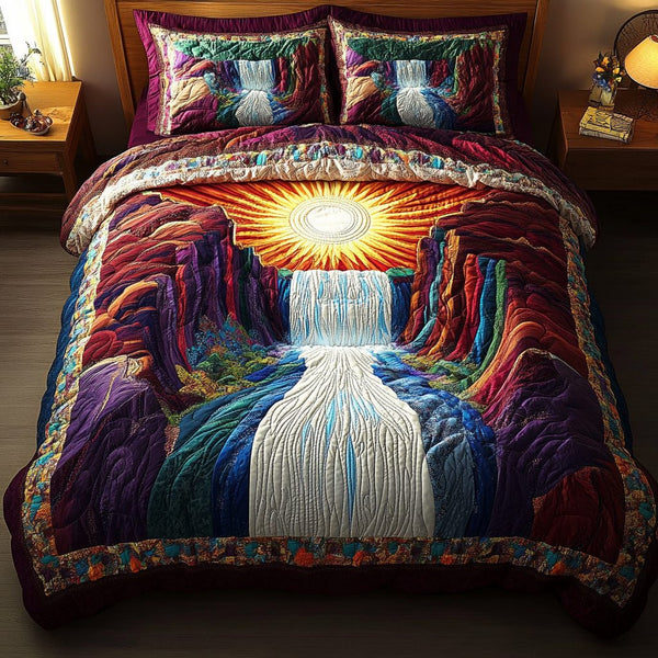 Whispering Waters quilted 3-piece bedding set on a made bed with two matching pillow shams