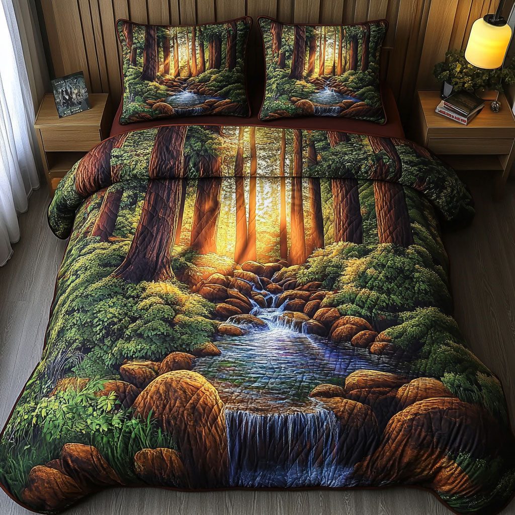 Whispering Waters quilted 3-piece bedding set on a made bed with two matching pillow shams