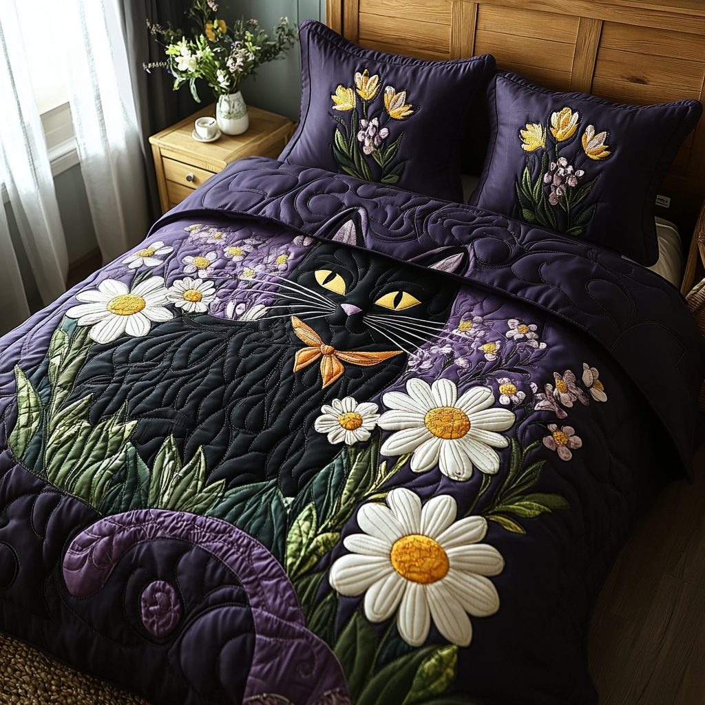 Whispering Whisker quilted 3-piece bedding set on a made bed with two matching pillow shams