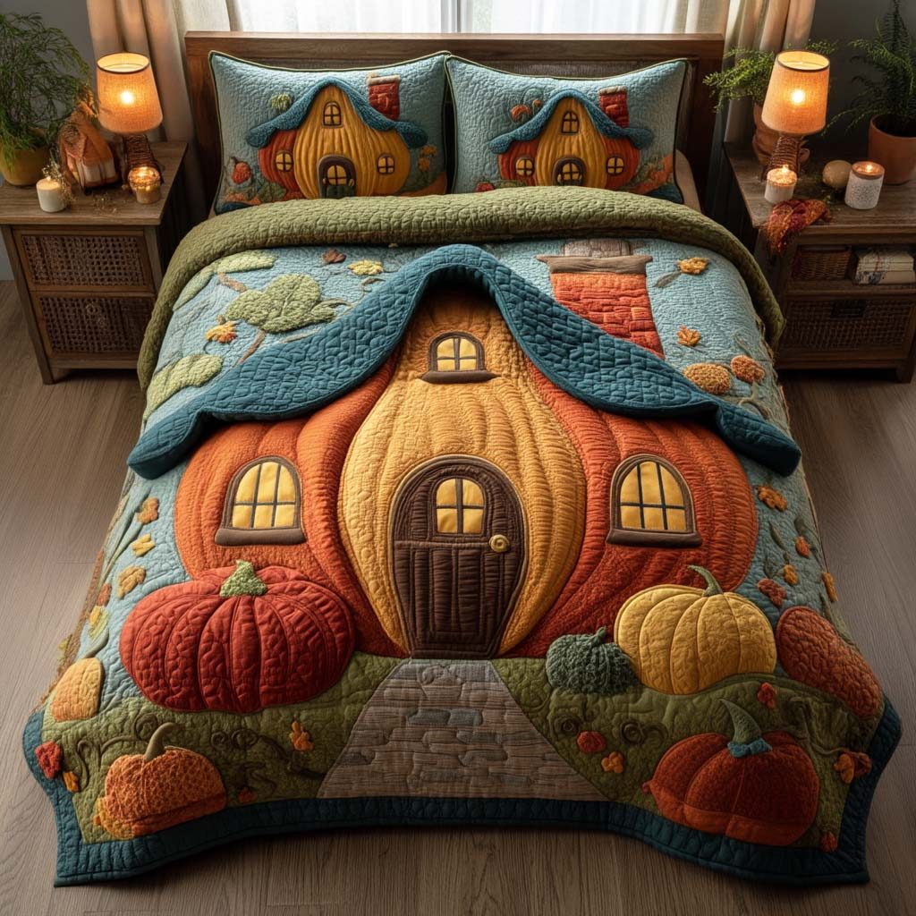 Whispering Windmill quilted 3-piece bedding set on a made bed with two matching pillow shams
