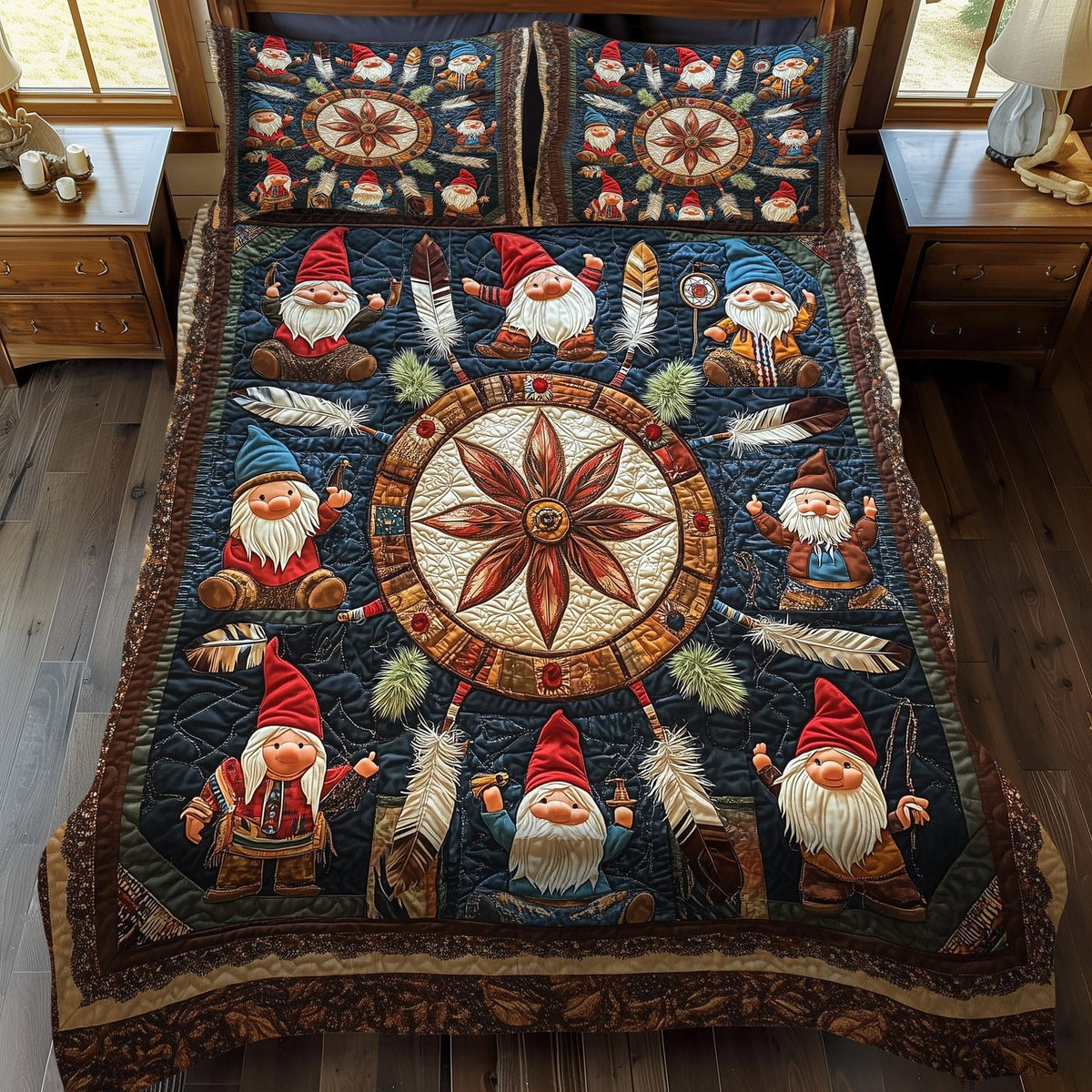 Whispering Winds quilted 3-piece bedding set on a made bed with two matching pillow shams
