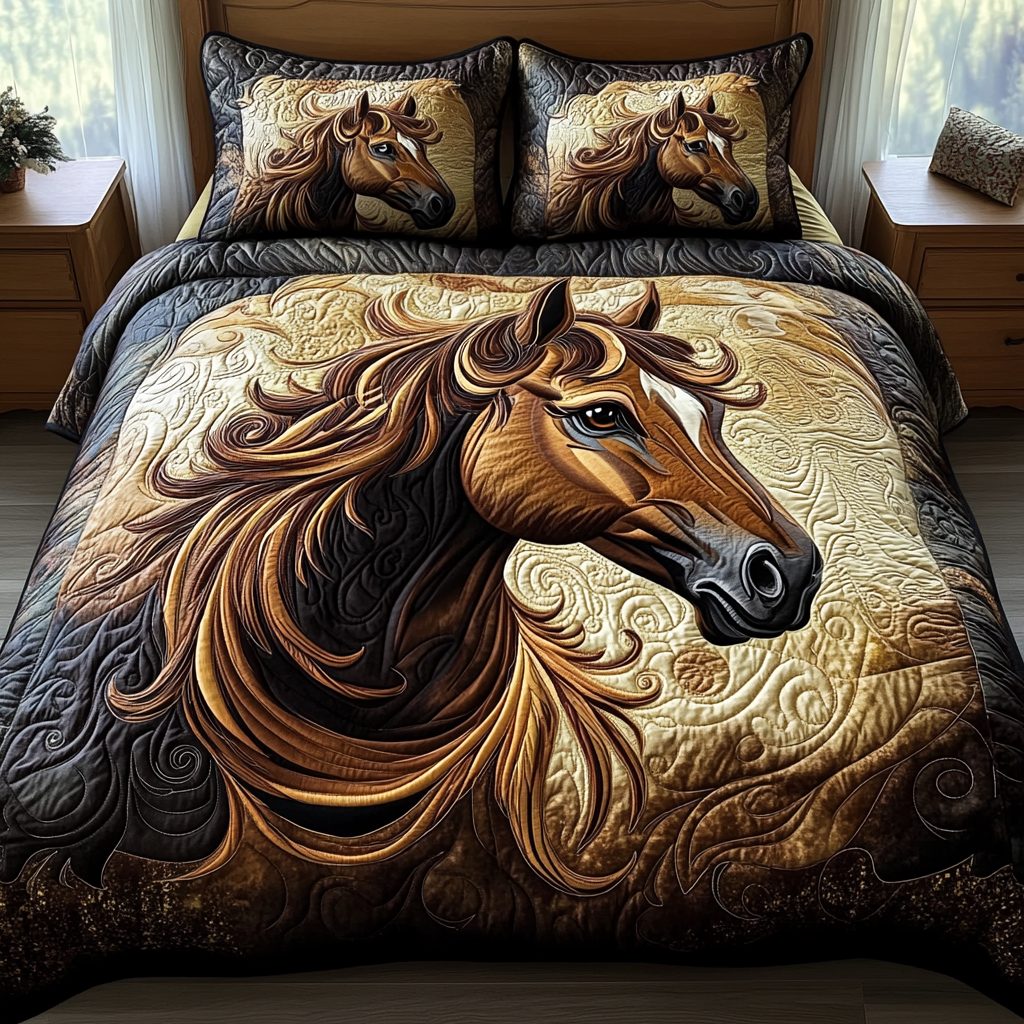 Whispering Winds quilted 3-piece bedding set on a made bed with two matching pillow shams