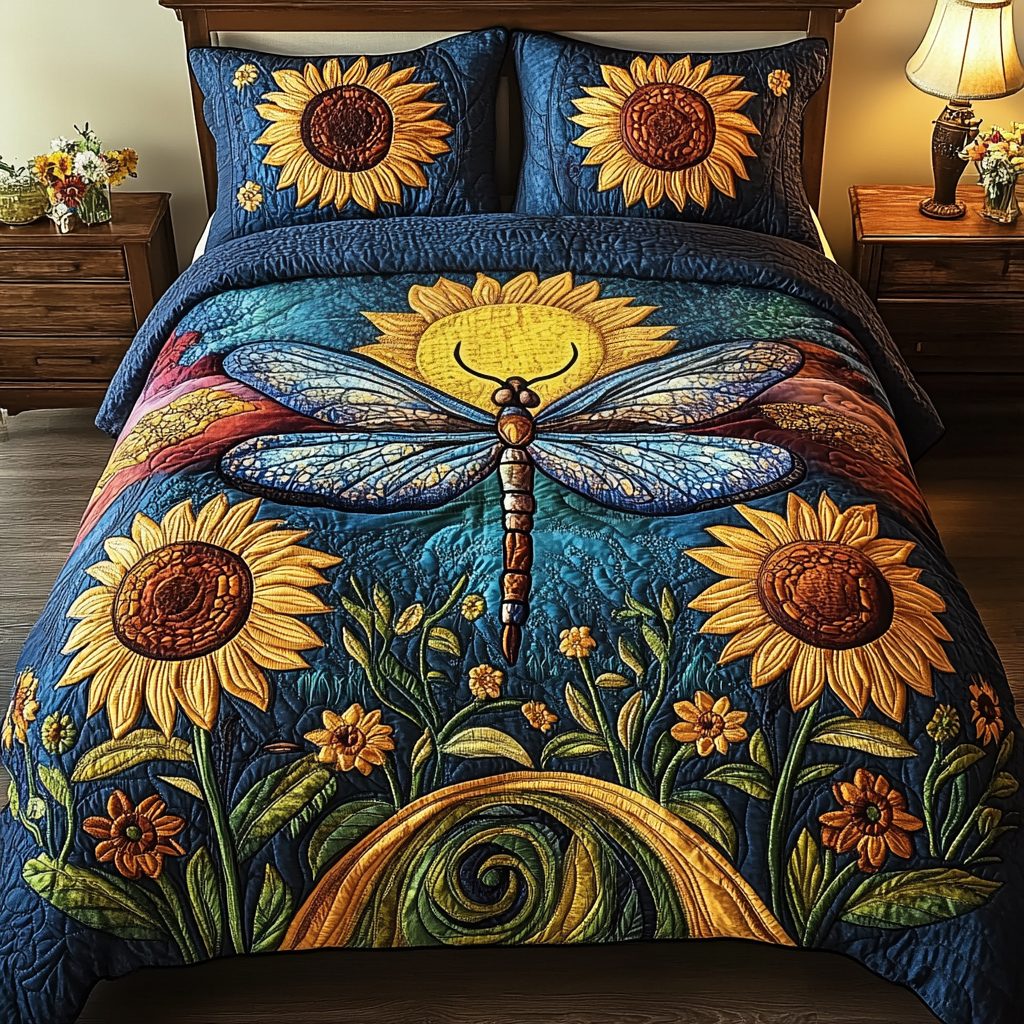 Whispering Winds quilted 3-piece bedding set on a made bed with two matching pillow shams