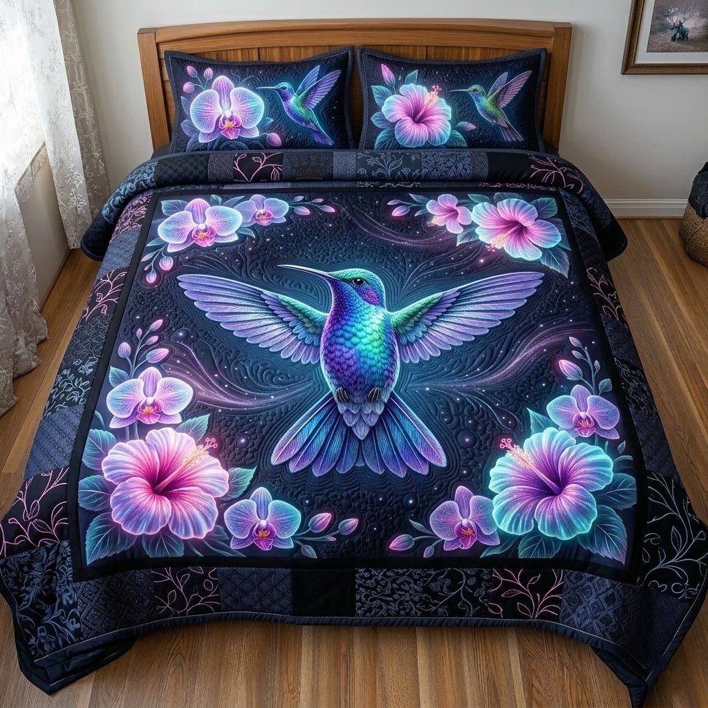 Whispering Wings quilted 3-piece bedding set on a made bed with two matching pillow shams