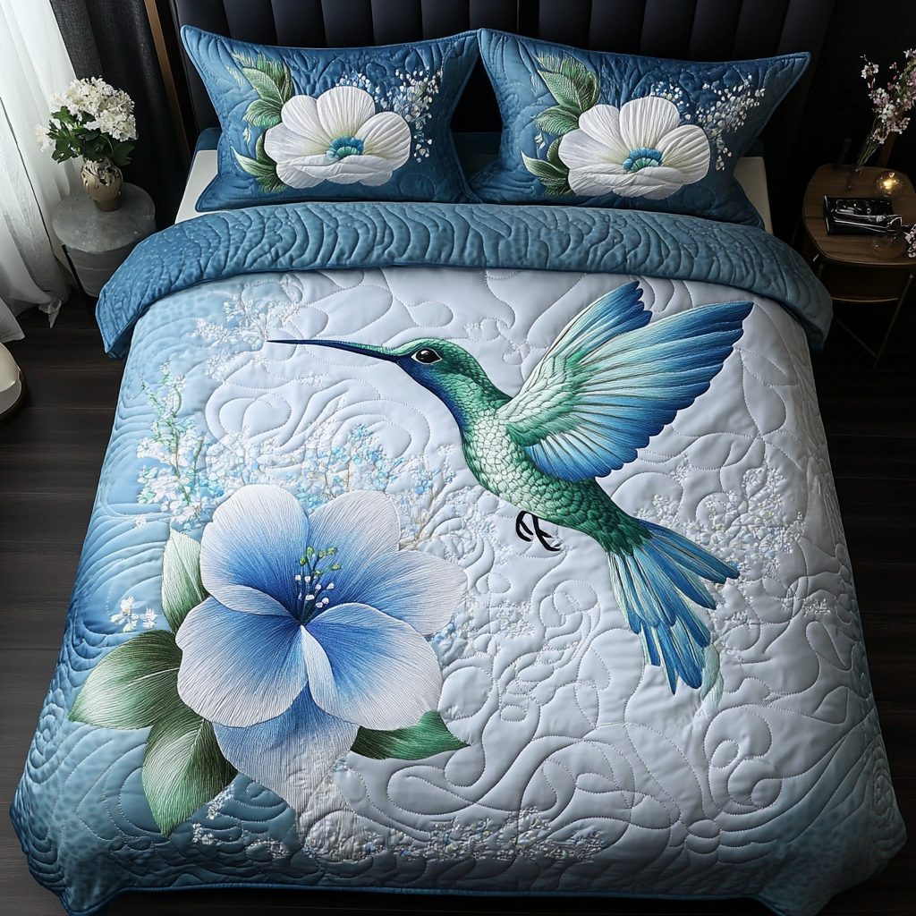 Whispering Wings quilted 3-piece bedding set on a made bed with two matching pillow shams