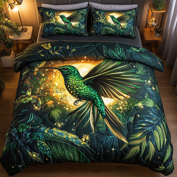 Whispering Wings quilted 3-piece bedding set on a made bed with two matching pillow shams