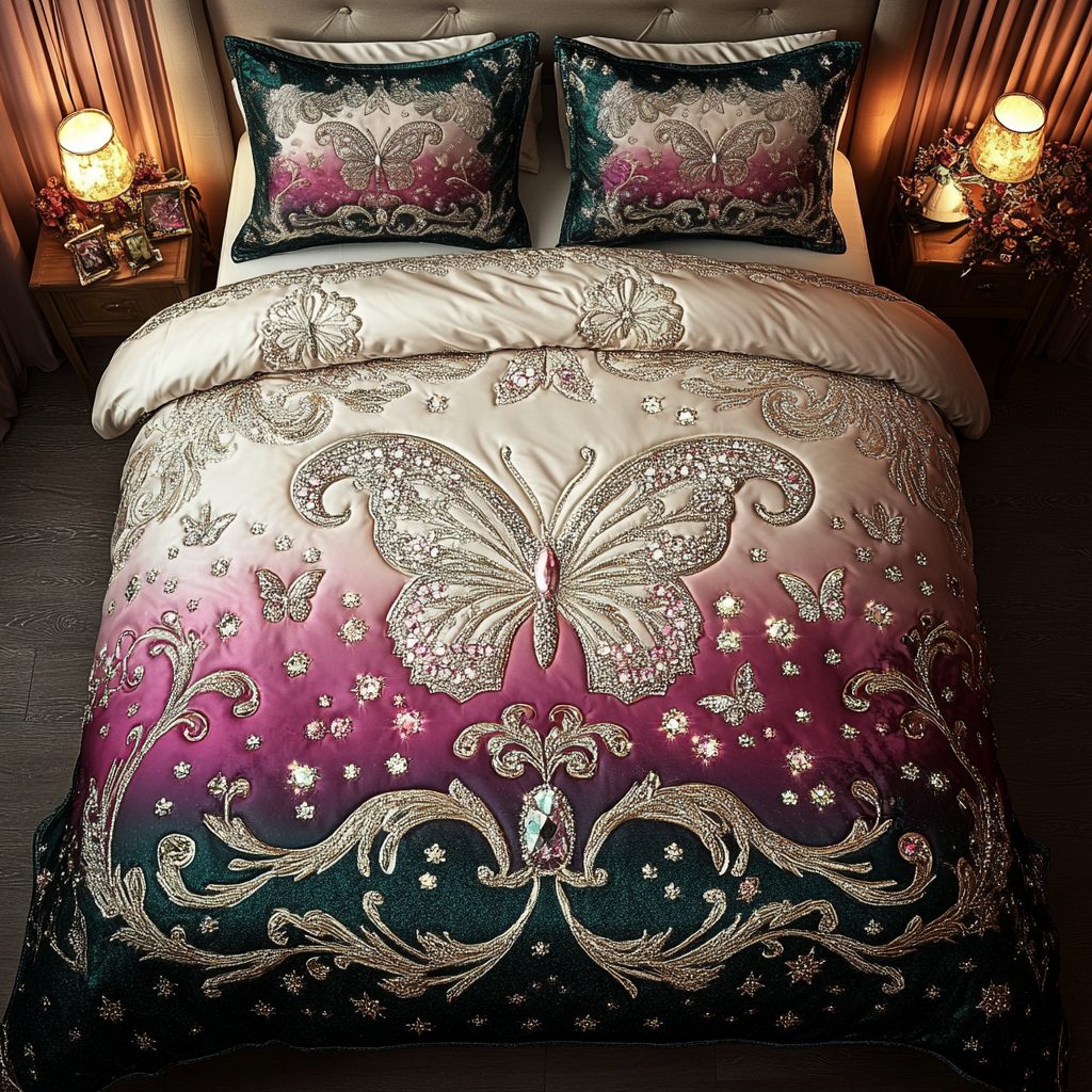 Whispering Wings quilted 3-piece bedding set on a made bed with two matching pillow shams