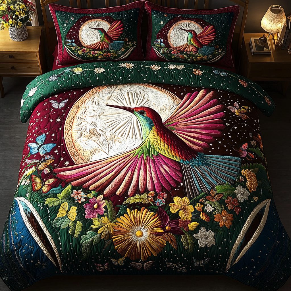 Whispering Wings quilted 3-piece bedding set on a made bed with two matching pillow shams