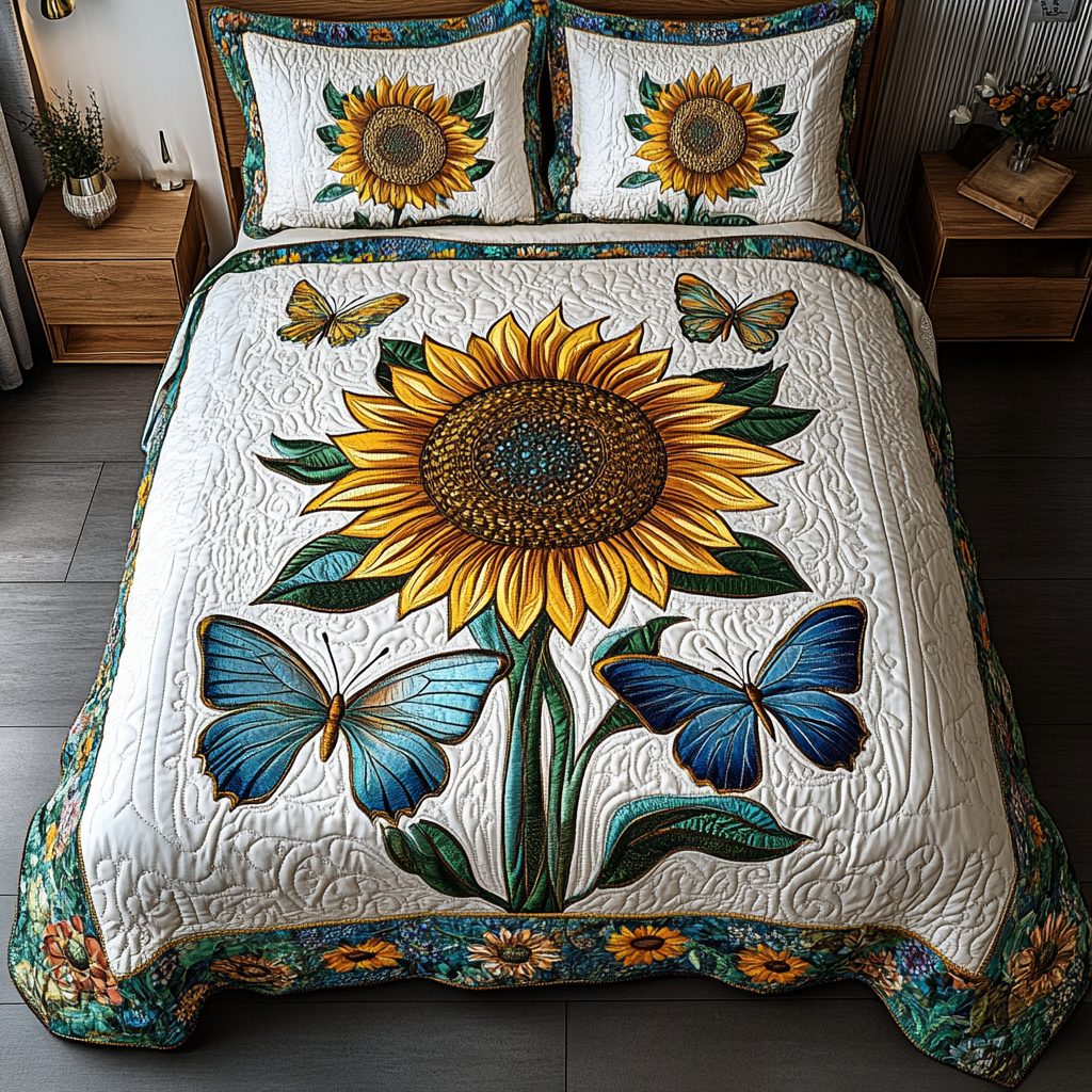 Whispering Wings quilted 3-piece bedding set on a made bed with two matching pillow shams