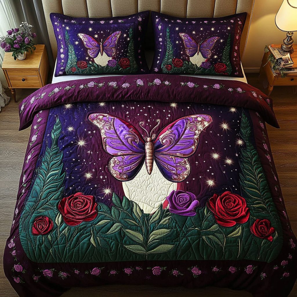 Whispering Wings quilted 3-piece bedding set on a made bed with two matching pillow shams