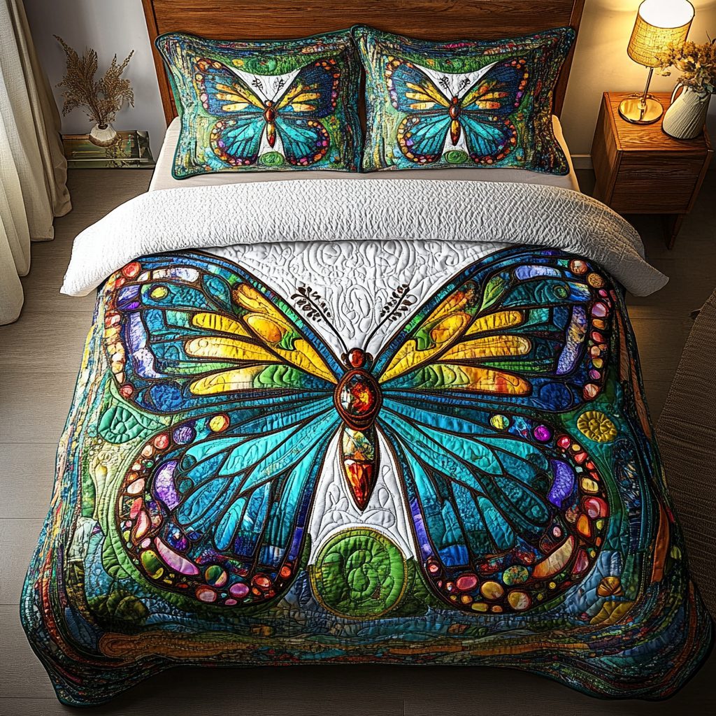 Whispering Wings quilted 3-piece bedding set on a made bed with two matching pillow shams