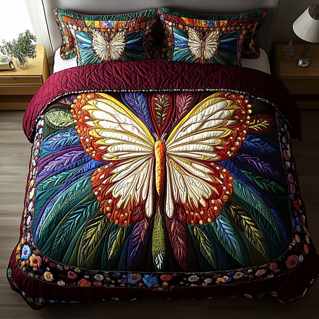 Whispering Wings quilted 3-piece bedding set on a made bed with two matching pillow shams