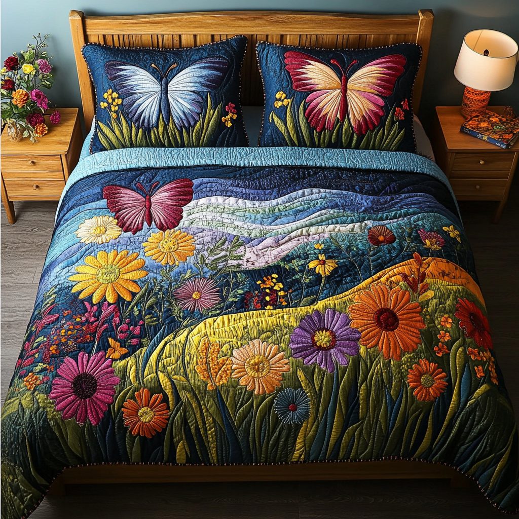 Whispering Wings quilted 3-piece bedding set on a made bed with two matching pillow shams