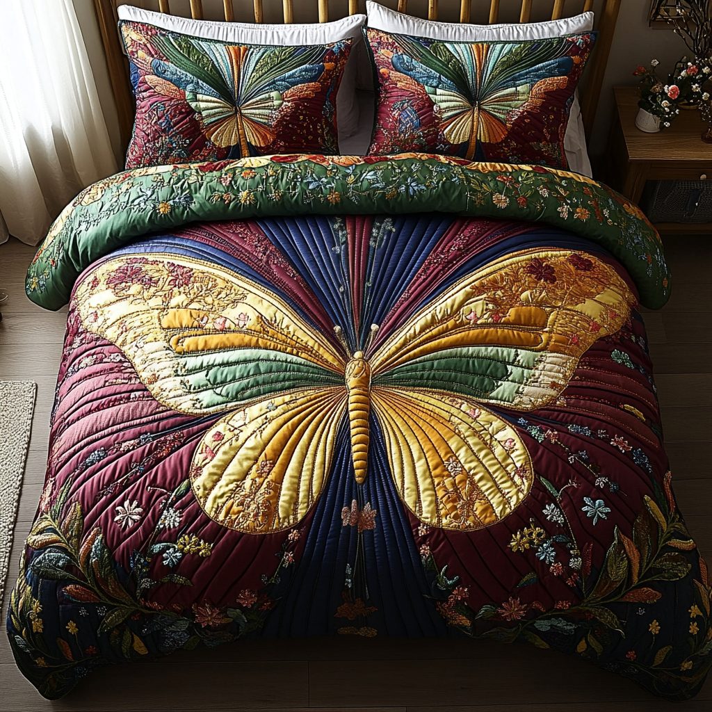 Whispering Wings quilted 3-piece bedding set on a made bed with two matching pillow shams