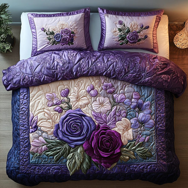 Whispering Wisteria Roses quilted 3-piece bedding set on a made bed with two matching pillow shams