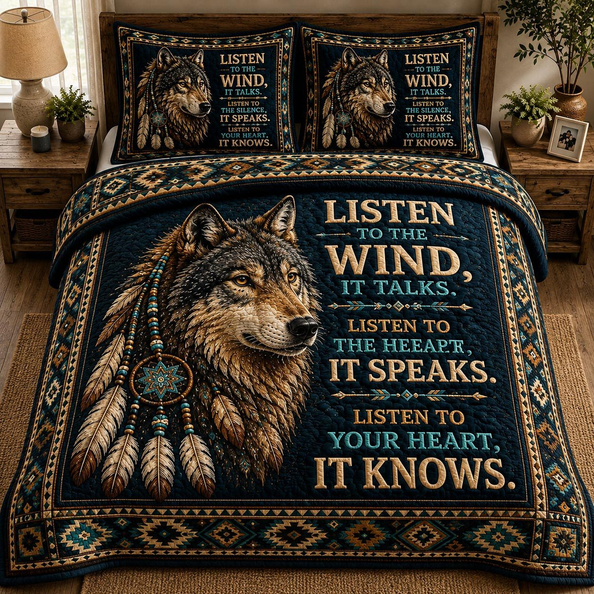 Whispering Wolf quilted 3-piece bedding set on a made bed with two matching pillow shams