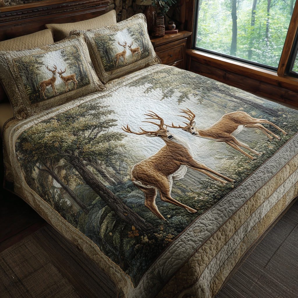 Whispering Woods Deer quilted 3-piece bedding set on a made bed with two matching pillow shams