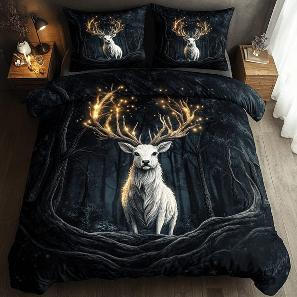 Whispering Woods quilted 3-piece bedding set on a made bed with two matching pillow shams