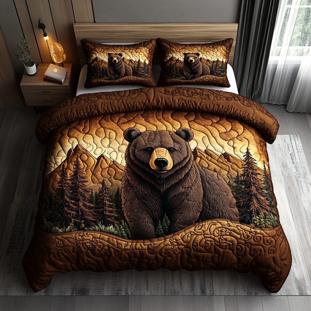 Whispering Woods quilted 3-piece bedding set on a made bed with two matching pillow shams