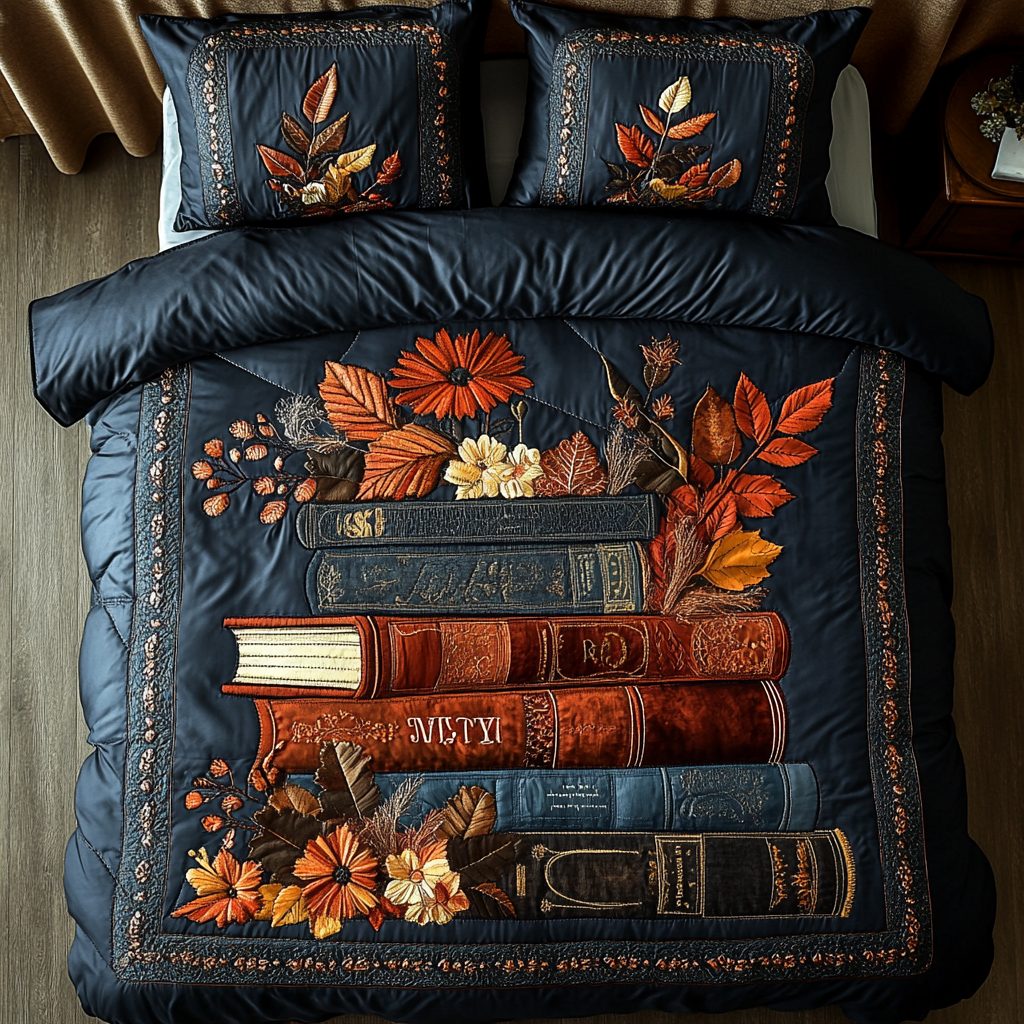 Whispering Words quilted 3-piece bedding set on a made bed with two matching pillow shams