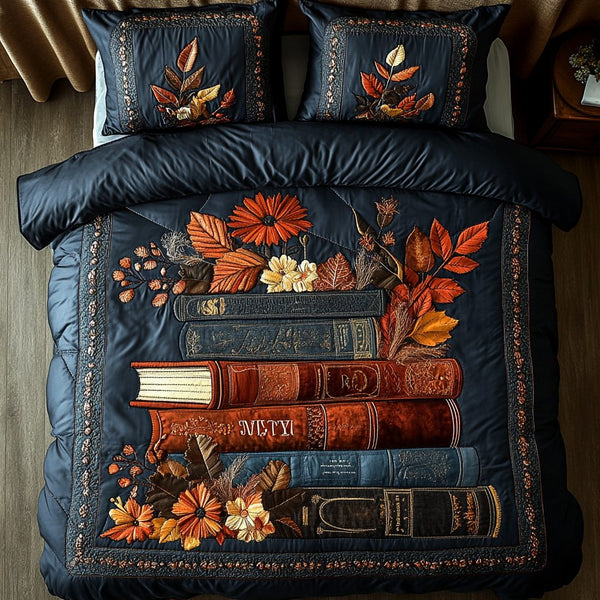 Whispering Words quilted 3-piece bedding set on a made bed with two matching pillow shams