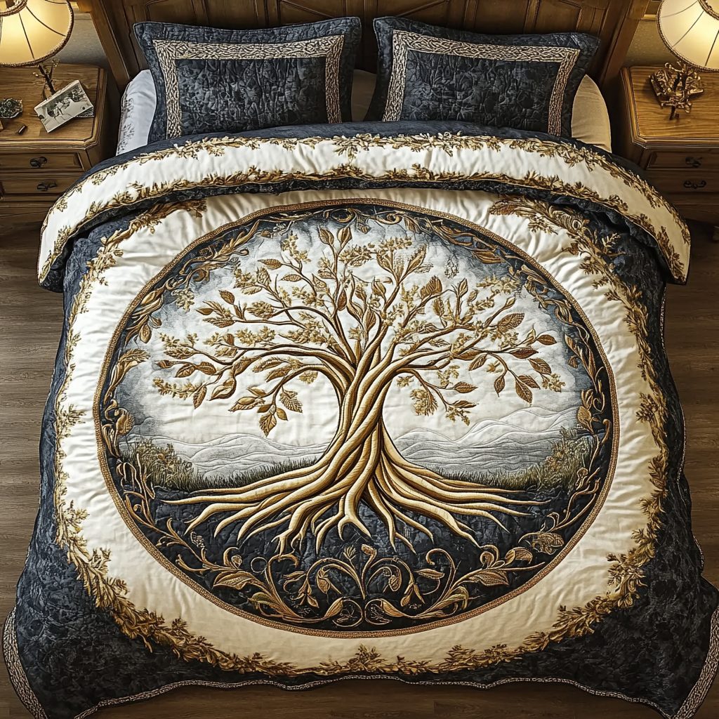 Whispers Of Life quilted 3-piece bedding set on a made bed with two matching pillow shams
