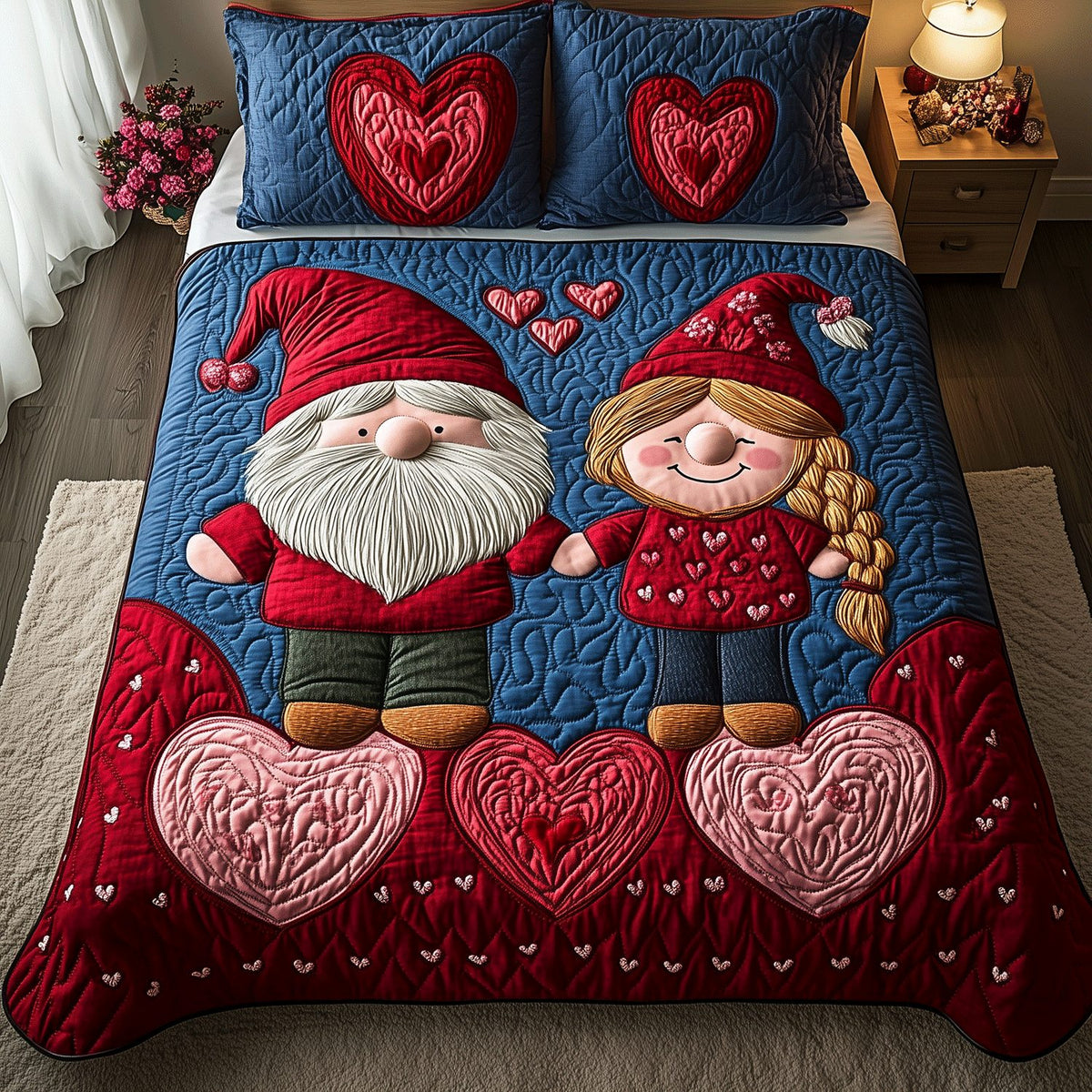 Whispers of Love quilted 3-piece bedding set on a made bed with two matching pillow shams