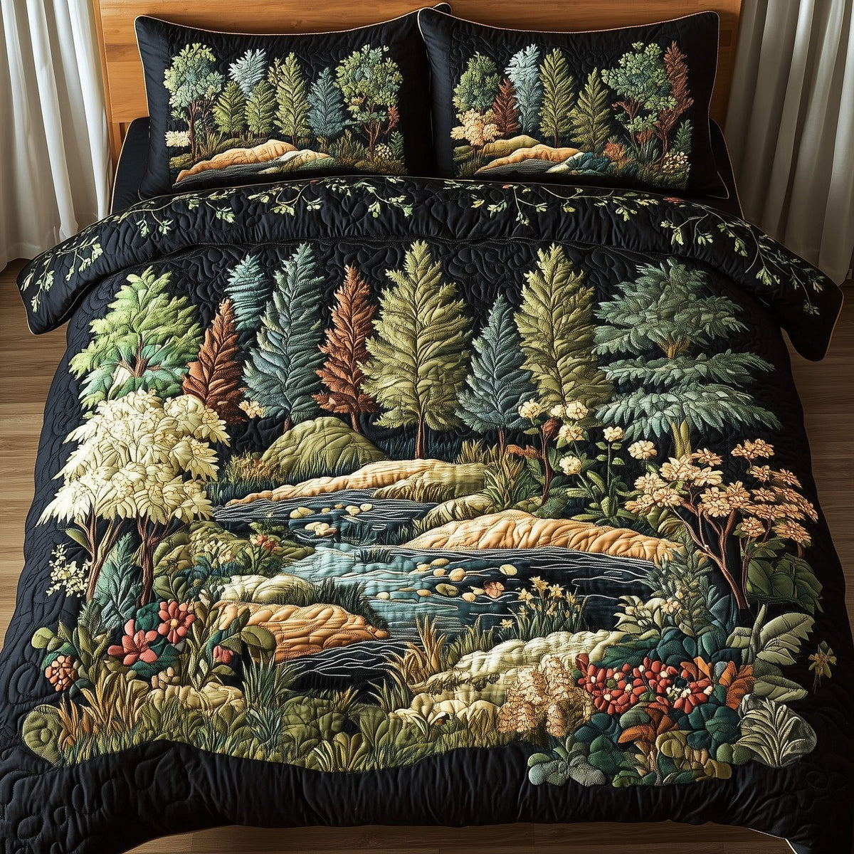 Whispers of the Forest quilted 3-piece bedding set on a made bed with two matching pillow shams