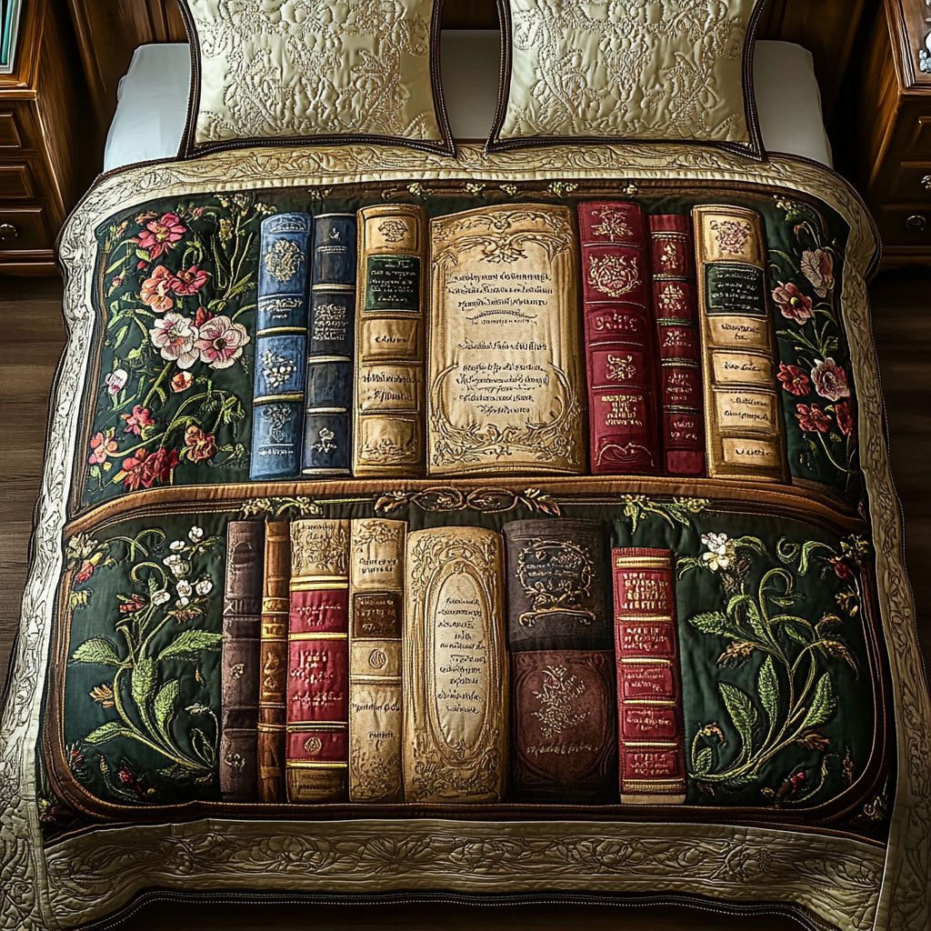 Whispers of the Library quilted 3-piece bedding set on a made bed with two matching pillow shams