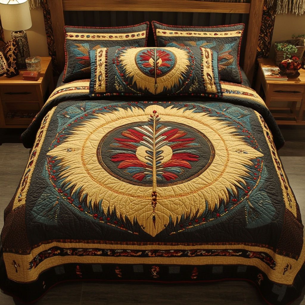 Whispers of the Sky quilted 3-piece bedding set on a made bed with two matching pillow shams