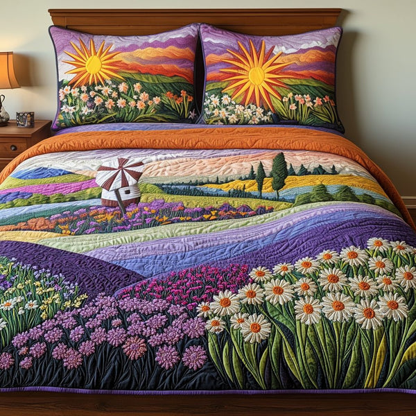 Whispers of the Windmill quilted 3-piece bedding set on a made bed with two matching pillow shams