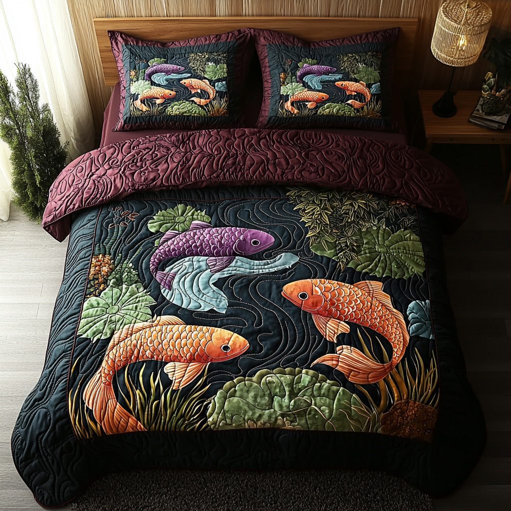 Whispers of Water quilted 3-piece bedding set on a made bed with two matching pillow shams