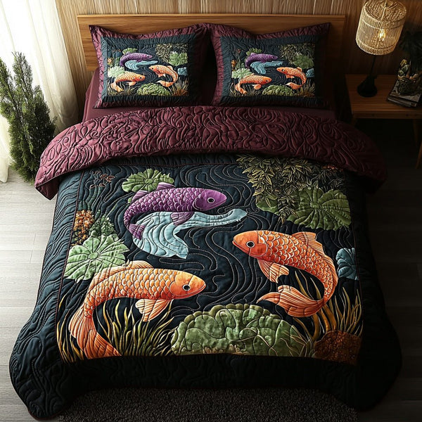 Whispers of Water quilted 3-piece bedding set on a made bed with two matching pillow shams