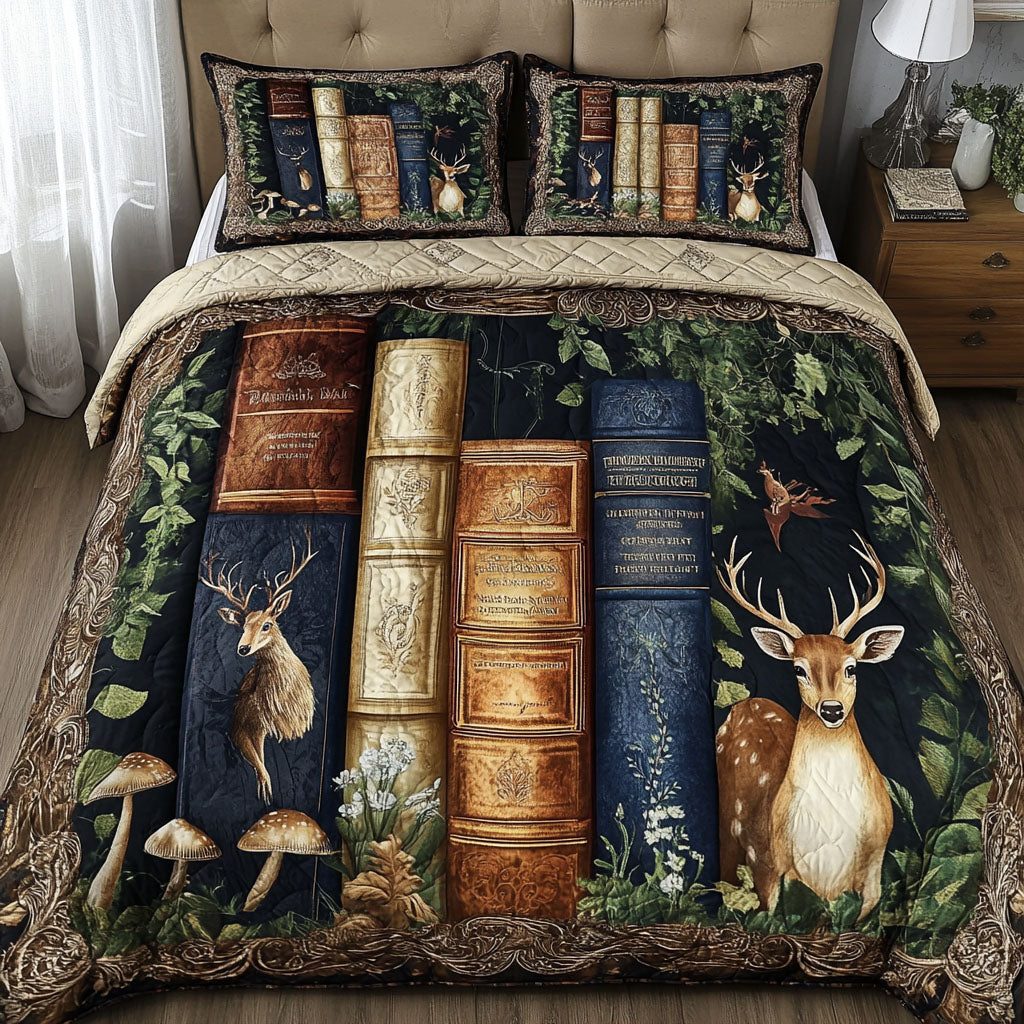 Whispers of Wisdom quilted 3-piece bedding set on a made bed with two matching pillow shams